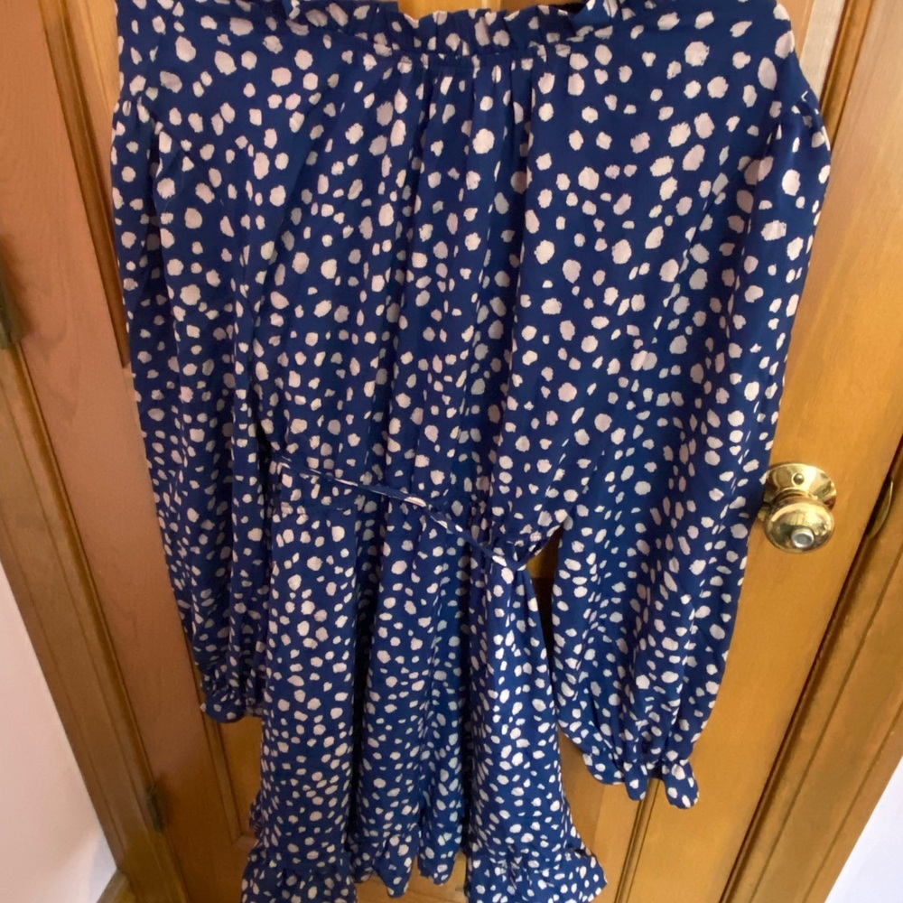 SHEIN Plus Ruffle Neck Knot Front Allover Print Dress 4XL blue and tan dots